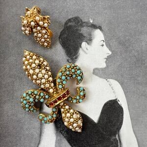 Vintage 1950s ART Arthur Pepper Fleur De Lis Brooch Gold Pearl Turquoise Ruby